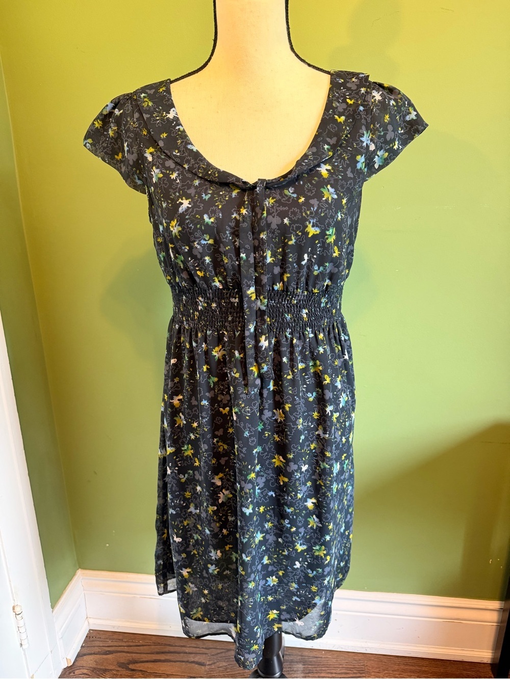 Esprit vintage Navy Blue Academia Floral Tie-Front Peter Pan Midi Dress Size 8